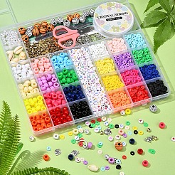DIYヘイシ＆バレルビーズジュエリーセットメイキングキット  樹脂＆アクリル＆ポリマークレイ＆プラスチック＆シェルビーズを含む  合金チャーム＆クラスプ  鉄パーツ  伸縮性のある糸  はさみとピンセット  ミックスカラー  平石ビーズ：1560個/セット&nbsp;DIY-YW0005-46