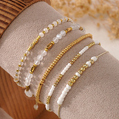5Pcs Glass & Metal Gold & White Beaded Bracelet Sets&nbsp;AB9103-3