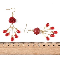合成サンゴとガラスのドロップピアス（女性用）  バラと涙滴  ゴールドカラー  70x17mm&nbsp;EJEW-JE07412