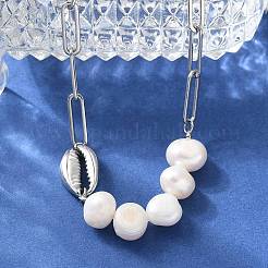 304 Stainless Steel Shell & Natural Pearl Beads Paperclip Chain Necklaces for Women&nbsp;NJEW-A045-17P
