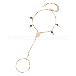 304 Stainless Steel with Natural Black Agate Link Ring Bracelets for Wome&nbsp;BJEW-JB13004-02