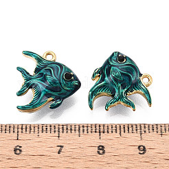 イオンプレーティング（IP）304ステンレススチールエナメルペンダント  魚  ラインストーン付き  鉛フリー＆カドミウムフリー  18KGP本金メッキ  ティール  16x15.5x6mm  穴：1.4mm&nbsp;STAS-N114-14B-G