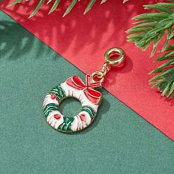 クリスマス合金エナメルペンダント  真鍮製のチューブベイ付き  クリスマスリースのチャーム  ゴールドカラー  22.5x16x2.5mm  穴：3mm&nbsp;PALLOY-JF00709-03