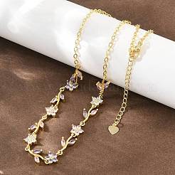 Brass Pave Cubic Zirconia Flower Link Chain Necklaces&nbsp;KK-CBA4547-18G-04