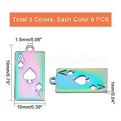 18色201ステンレススチールペンダント3個  レーザー切断  トランプカード  ミックスカラー  19x10x1mm  穴：1.5mm  6個/カラー&nbsp;STAS-DC0005-49