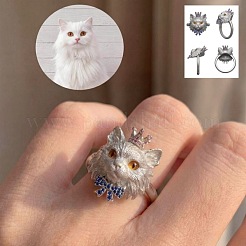 合金ラインストーンカフオープンリング  王冠をかぶった猫の形  銀  内径：15~20mm&nbsp;WG3624E-01