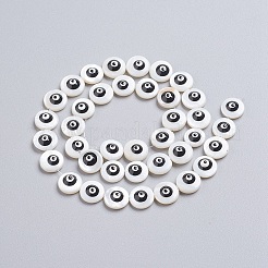 天然石シェルビーズ連売り  エナメル  ナザールボンジュウ付きフラットラウンド  ブラック  10x4mm  穴：0.6mm  約39個/連  15.75インチ（40cm）&nbsp;SSHEL-I024-03C-02