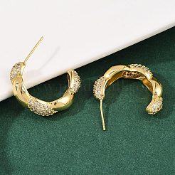 Brass Micro Pave Clear Cubic Zirconia Twist Stud Earrings&nbsp;EJEW-L275-16G-02