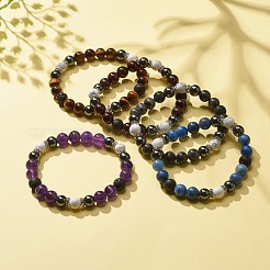 Natural Gemstone & Lava Rock & Howlite & Synthetic Hematite Round Beaded Stretch Bracelet&nbsp;BJEW-JB08180
