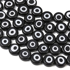 手作りのナザールボンジュウのランプワークビーズ  フラットラウンド  ブラック  11.5~12.5x5.5~5.8mm  穴：1.4mm  約32個/連  14.17インチ（36cm）&nbsp;LAMP-C028-02G