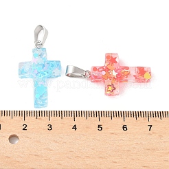光る樹脂スパンコールペンダント  ステンレススチール製のベールスナップ付き  クロス  27.5x17x4.5mm  穴：7.5mm&nbsp;RESI-V006-01B-P