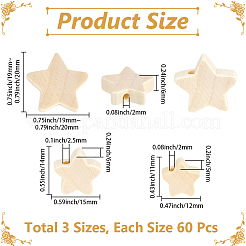 180 個 3 スタイルの木製ビーズ  スター  ミックスカラー  11~20x12~20x5~6mm  穴：2~2.5mm  60個/スタイル&nbsp;WOOD-PA0001-64
