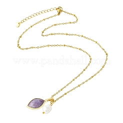 Natural Lepidolite Faceted Horse Eye & Natural Pearl Pendant 304 Stainless Steel Satellite Chain Necklaces for Women&nbsp;NJEW-JN06057-02