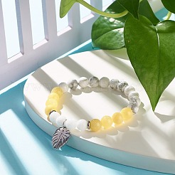 Natural Malaysia Jade(Dyed) & Howlite Round Beads Stretch Bracelet with Leaf Charm for Women&nbsp;BJEW-JB07504