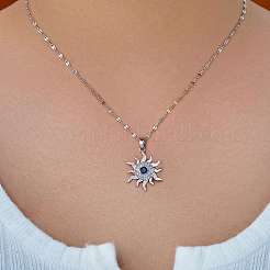 Brass Pave Clear & Blue Cubic Zirconia Sun Pendant Necklaces for Women&nbsp;RG3792-1