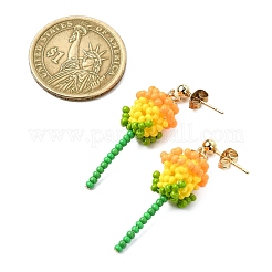 304ステンレススチールローズガラスシードビーズダングルスタッドピアス  ゴールドカラー  ゴールド  43~44x11~13mm&nbsp;EJEW-MZ00333-02
