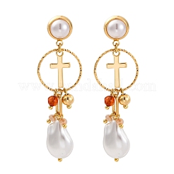 Brass Cross Dangle Stud Earrings&nbsp;EJEW-R014-11G