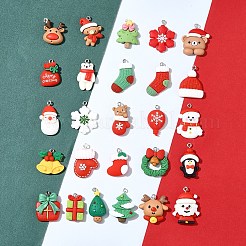 26個26スタイルのクリスマステーマ不透明樹脂ペンダント  プラチナトーンの鉄ループ付き  混合図形  22~32.5x15.5~24.5x4~13mm  穴：2mm  1個/スタイル&nbsp;RESI-FS0001-74