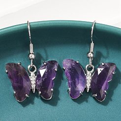 Natural Amethyst Brass Dangle Earrings&nbsp;EJEW-M081-01P-05