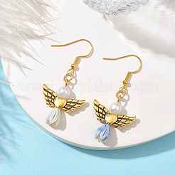 エンジェル アンティーク ゴールド合金 & 樹脂ダングル イヤリング  イミテーションパールアクリルドロップイヤリング  コーンフラワーブルー  45x21.5mm&nbsp;EJEW-JE05686-10