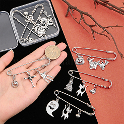 8Pcs 8 Style Halloween Pumpkin & Skull & Witch & Cat Zinc Alloy Charms Safety Pin Brooches Set&nbsp;JEWB-FH0001-30