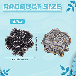 樹脂ラインストーンフラワーシェイプスパンコール刺繍布アイロンパッチ6個  マスクと衣装のアクセサリー  花  ブラック  60x57x4mm&nbsp;PATC-MA0001-09
