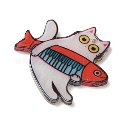 印刷されたアクリルパーツ  猫の形をした魚のチャーム付き  カラフル  32.5x33x2.5mm  穴：2mm&nbsp;AC-CBADA31-03