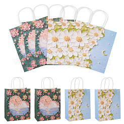 6個 2スタイル 3Dフラワープリント紙ギフトバッグ（ハンドル付き）  長方形  ミックスカラー  20.8~21x10.7~11x27cm  3個/スタイル&nbsp;ABAG-TAD0001-01
