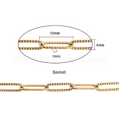304ステンレススチールペーパークリップチェーン  描かれた細長いアズキチェーン  ハンダ付け  スプールで  テクスチャ  18KGP本金メッキ  12x4x1mm  約16.4フィート（5m）/ロール&nbsp;CHS-CJC0001-01G