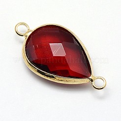 ゴールデントーン真鍮ガラスティアドロップリンクコネクター  暗赤色  21x11x5mm  穴：2mm&nbsp;GLAA-J010A-HF03-G