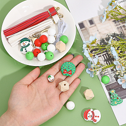 クリスマスキーホルダーリストレットのDIYキット  ベル＆ツリー＆スノーマンシリコン＆ウッドポリゴンビーズを含む  イミテーションフェザータッセルビッグペンダントデコレーション  鉄合金留め具キーホルダー  ミックスカラー  44個/箱&nbsp;DIY-CA0005-77