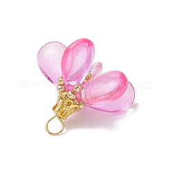染色されたガラスのペンダント  花  真鍮のループと鉄の金具付き  フクシア  20.5x25.5x20.5mm  穴：4x3mm&nbsp;PALLOY-MZ00658-04