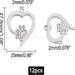 304ステンレススチールペンダントカボションセッティングエナメル  犬の足跡とハート  ステンレス鋼色  27.5x25x2mm  穴：2mm  12pc&nbsp;STAS-UN0013-68P