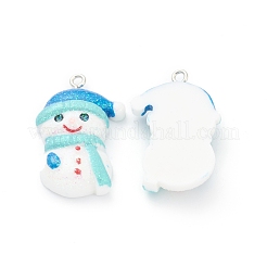 樹脂チャーム  クリスマスフェスティバルのために  プラチナアイアンペグベイル付き  グリッターパウダー  雪だるま  ブルー  31x21x7mm  穴：2mm&nbsp;RESI-O010-13