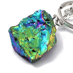電気メッキ天然水晶キーホルダー  プラチナメッキ鉄スプリットキーリング付き  ナゲット  カラフル  10~10.8cm&nbsp;KEYC-M022-06