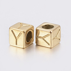 304 ステンレススチール 大きな穴文字 ヨーロッパ ビーズ  水平穴  文字.y付きのキューブ  ゴールドカラー  8x8x8mm  穴：5mm&nbsp;X-STAS-H428-01G-Y