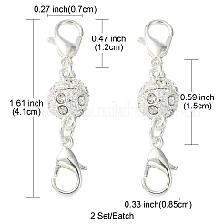 合金クリスタルラインストーンマグネット留め具1個  ダブルカニカン付き  銀  41mm  カニカン：12x7x3mm  磁気クラスプ：15x8.5mm&nbsp;ALRI-YW0001-11S