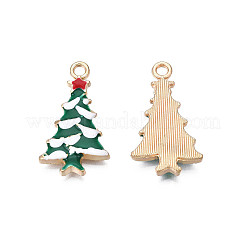 メッキ合金エナメルチャームラック  カドミウムフリー＆ニッケルフリー＆鉛フリー  ライトゴールド  クリスマスツリー  濃い緑  26x15x3mm  穴：2mm&nbsp;X-ENAM-N055-123