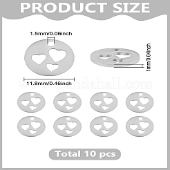 201ステンレススチールチャーム10個  ハート付きフラットラウンド  ステンレス鋼色  11.8x1mm  穴：1.5mm&nbsp;STAS-LP0003-42