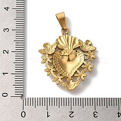 PVD真空メッキ304ステンレスペンダント  花のチャーム付きハート  ゴールドカラー  29.5x25x3.5mm  穴：7.5x3.5mm&nbsp;LS-STAS-L081-036G