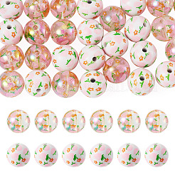 28個 2種類のプリント不透明＆透明アクリルビーズ  花とイチゴの模様の丸型  ミックスカラー  16x15mm  穴：3mm&nbsp;OACR-TA0005-10