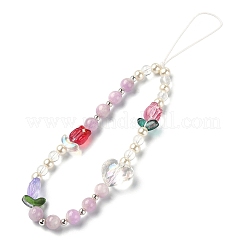 Tulip & Heart Natural Kunzite/Quartz Crystal & Glass Beaded Mobile Straps&nbsp;HJEW-TA00041