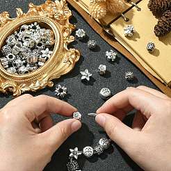60個10スタイルチベットスタイル合金ヨーロピアンビーズ  大穴ビーズ  クローバー/花/葉  アンティークシルバー  8~14.5x7~12.5x7~9mm  穴：4.5mm  6個/スタイル&nbsp;TIBE-CJ0001-26