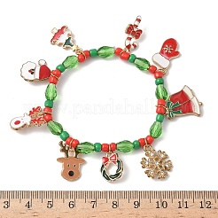クリスマス合金エナメルチャームブレスレット  女性用プラスチックとガラスのシードビーズストレッチブレスレット  ライトゴールド  内径：1-3/4インチ（4.5cm）&nbsp;BJEW-B155-01A-KCG
