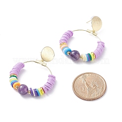 Natural Amethyst & Polymer Clay Beaded Big Ring Dangle Stud Earrings&nbsp;EJEW-TA00075-01