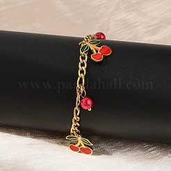 304ステンレススチールエナメルチェリーチャームブレスレット  女性用フィガロチェーンブレスレット  ゴールドカラー  6.50インチ（16.5cm）&nbsp;BJEW-M095-01G