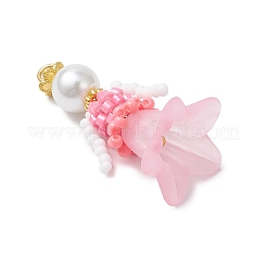 ガラスシードビーズの花の置物ペンダント  ガラスパールとアクリル  ピンク  33x18x17.5mm  穴：2.5mm&nbsp;PALLOY-MZ00686-03