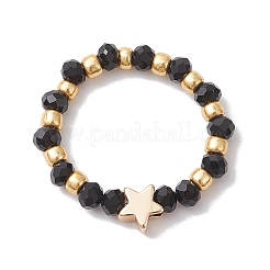 Glass Stretch Rings with Golden Plated Star & Moon Brass Beads&nbsp;RJEW-JR00660-03