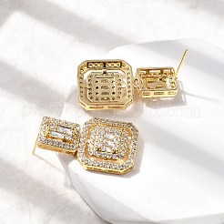真鍮マイクロペーブクリアキュービックジルコニアダングルスタッドピアス  パヴェクラスターイヤリング  正方形の四角形  18KGP本金メッキ  28.5x16mm&nbsp;EJEW-G450-01G