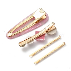 鉄ワニヘアクリップセット  セルロースアセテート（樹脂）入り  ティアドロップ＆フラットラウンドとひし形  ゴールドカラー  ショッキングピンク  55~69x5~23.5x2~16mm  4個/セット&nbsp;PHAR-P005-20B